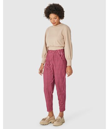 Calça Alfaiataria Feminina Estampa Pied De Poule Em Moletom Stretch