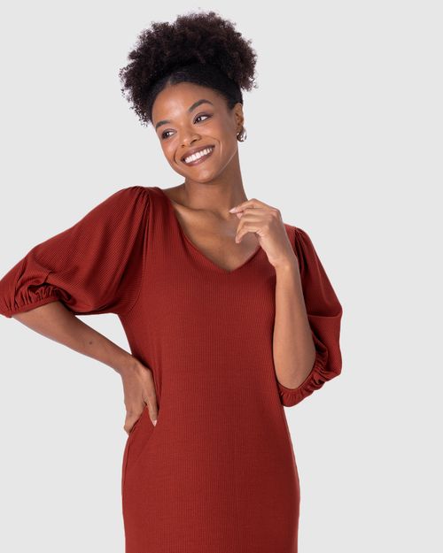 Vestido Midi Feminino Manga Bufante Em Malha Viscose Canelada