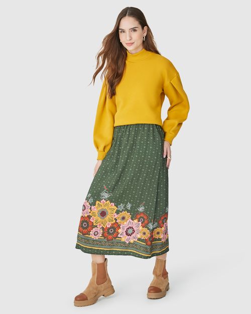 Saia Midi Feminina Estampada Bolso Lateral Em Viscose