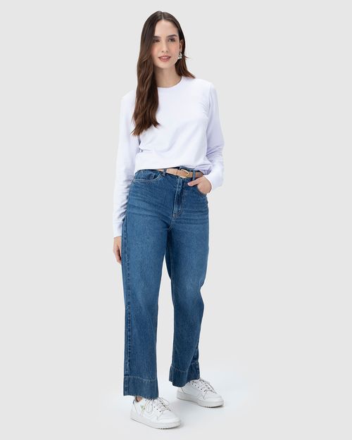 Calça Straight Cropped Feminina Com Cinto Em Jeans 100% Algodão