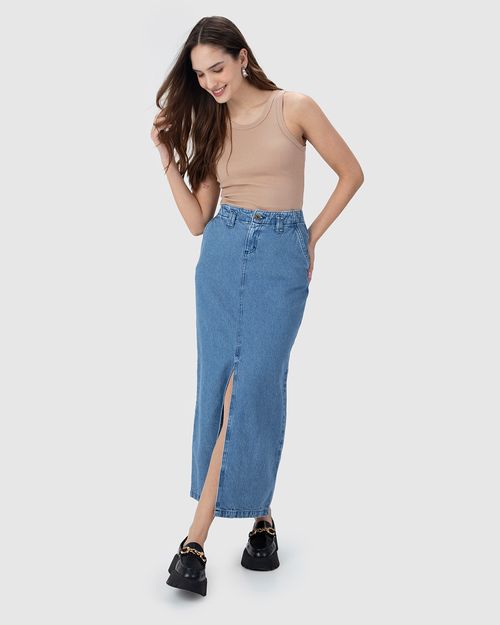 Saia Longa Feminina Com Fenda Frontal Em Jeans 100% Algodão