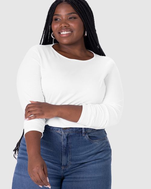 Blusa Básica Feminina Plus Size Manga Longa Em Algodão