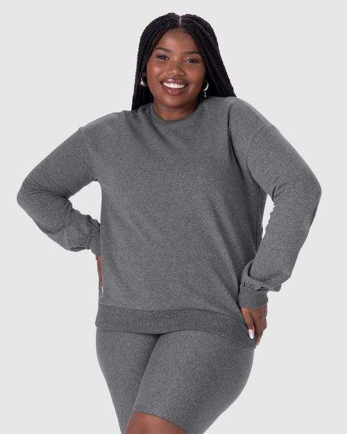 Blusão Básico Feminino Plus Size Decote Redondo Em Moletom Stretch Flanelado