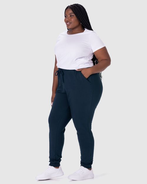 Calça Básica Feminina Plus Size Jogger Em Moletom Stretch Flanelado