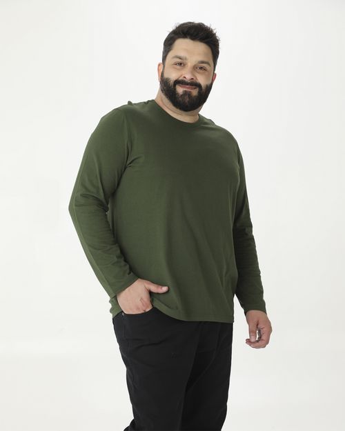 Camiseta Básica Masculina Plus Size Manga Longa Em Algodão