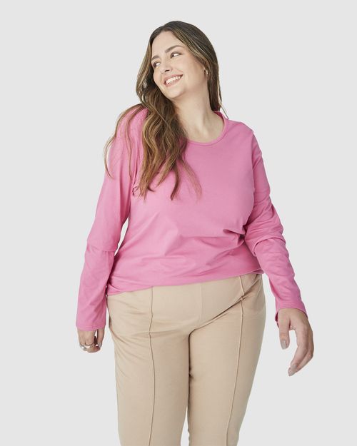 Blusa Básica Feminina Plus Size Manga Longa Em Algodão