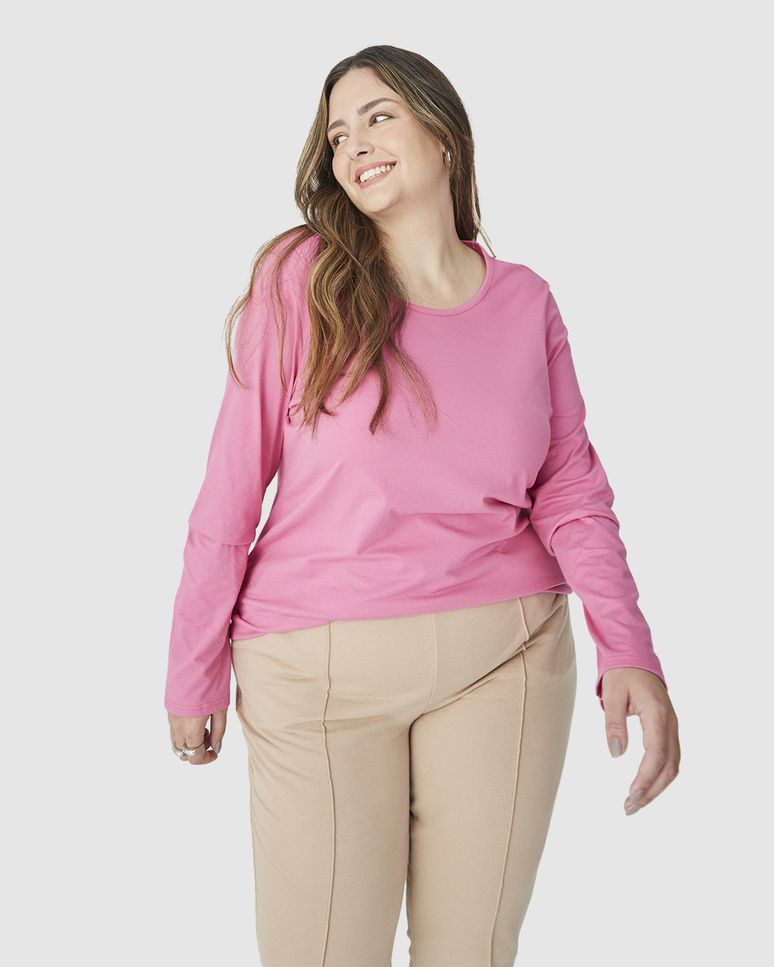 Blusa Básica Feminina Plus Size Manga Longa Em Algodão