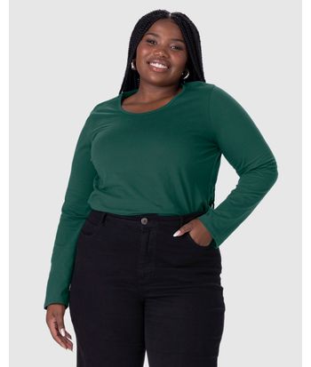 Blusa Básica Feminina Plus Size Manga Longa Em Algodão