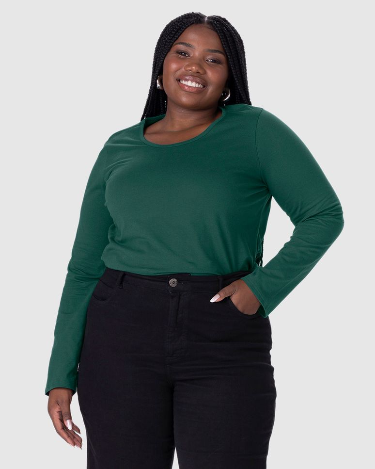 Blusa Básica Feminina Plus Size Manga Longa Em Algodão