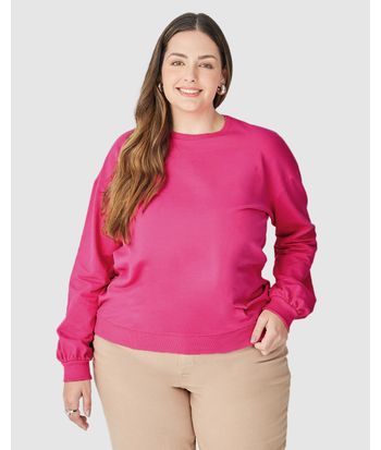Blusão Básico Feminino Plus Size Decote Redondo Em Moletom Stretch Flanelado
