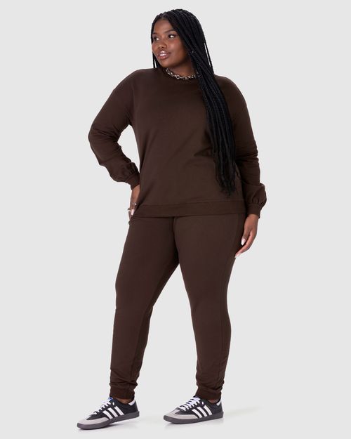 Calça Básica Feminina Plus Size Jogger Em Moletom Stretch Flanelado