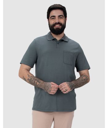 Camisa Polo Básica Masculina Plus Size Bolso Frontal Em Piquet Stretch
