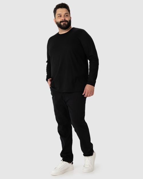 Camiseta Básica Masculina Plus Size Manga Longa Com Punho Em Algodão