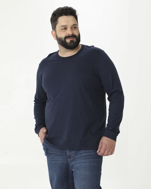 Camiseta Básica Masculina Plus Size Manga Longa Com Punho Em Algodão