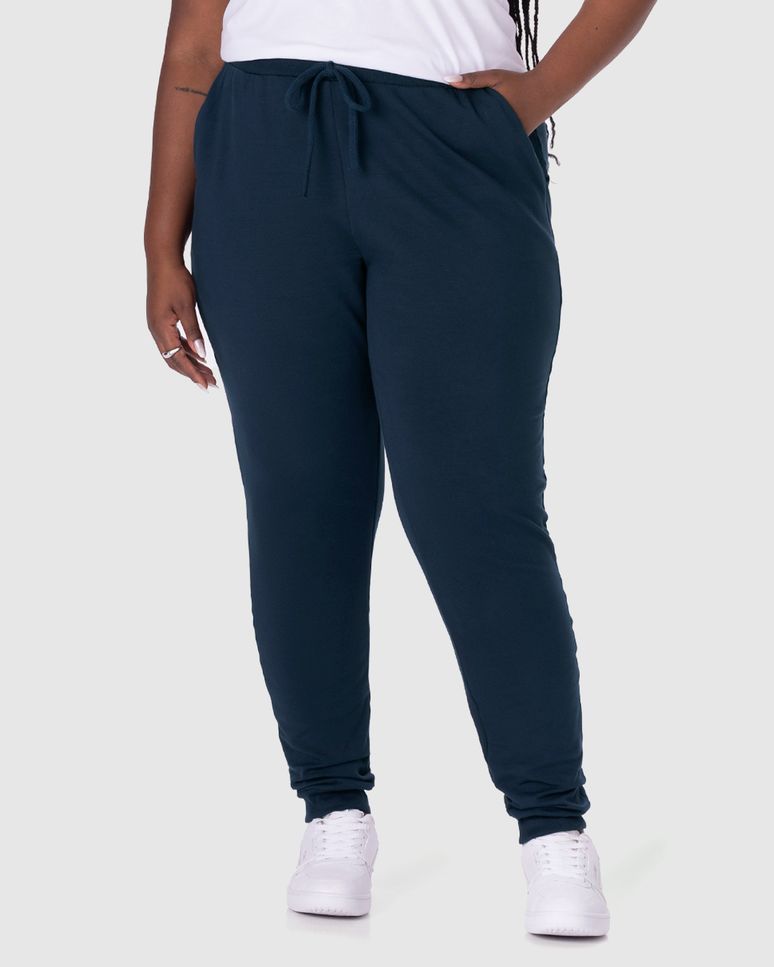 Calça Básica Feminina Plus Size Jogger Em Moletom Stretch Flanelado