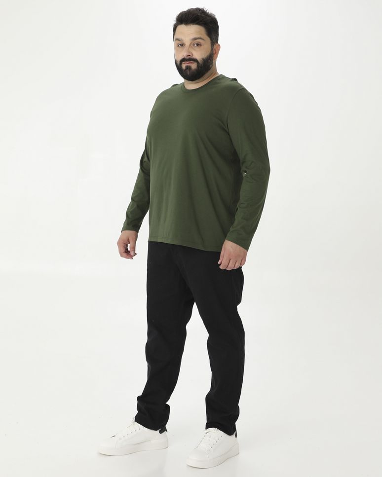 Camiseta Básica Masculina Plus Size Manga Longa Em Algodão