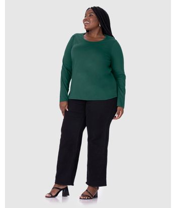 Blusa Básica Feminina Plus Size Manga Longa Em Algodão