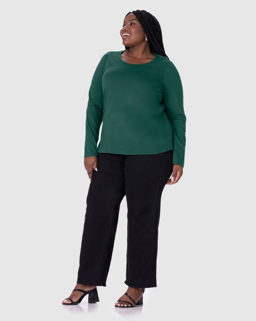 Blusa Básica Feminina Plus Size Manga Longa Em Algodão