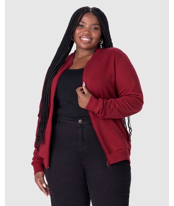 Jaqueta Básica Feminina Plus Size Gola Canelada Em Moletom Flanelado