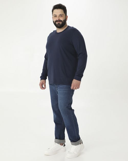 Camiseta Básica Masculina Plus Size Manga Longa Com Punho Em Algodão