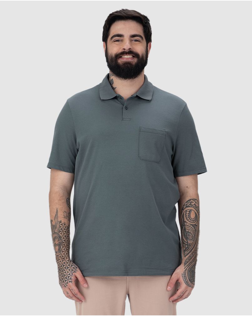 Camisa Polo Básica Masculina Plus Size Bolso Frontal Em Piquet