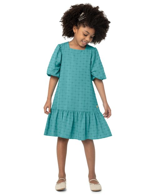 Vestido Menina Decote Quadrado Em Tecido Bordado - Carinhoso