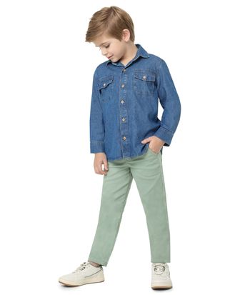 Camisa Menino Manga Longa Bolso Frontal Em Jeans Leve - Carinhoso