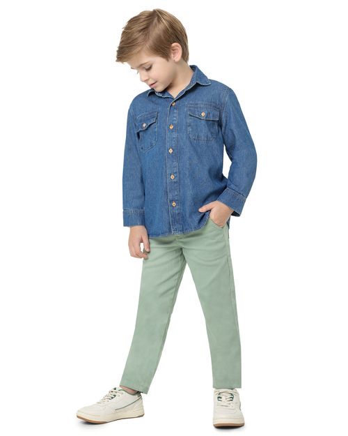 Camisa Menino Manga Longa Bolso Frontal Em Jeans Leve - Carinhoso