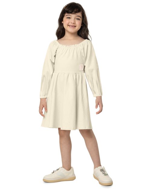 Vestido Menina Manga Longa Em Moletinho Stretch Linho - Carinhoso