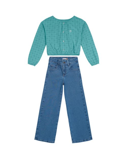 Conjunto Menina Calça Wide Leg Em Jeans Leve - Carinhoso