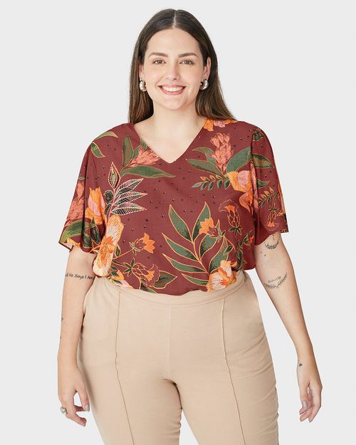 Blusa Feminina Plus Size Estampa Floral Decote V Em Viscose