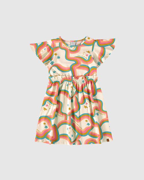 Vestido Infantil Acinturado Estampa Arco-Íris  Em Algodão Malwee Kids