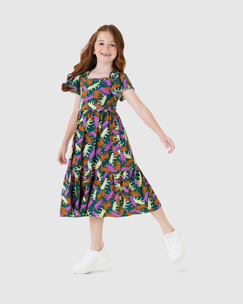 Vestido Infantil Midi Estampa Onça Em Viscose Malwee Kids