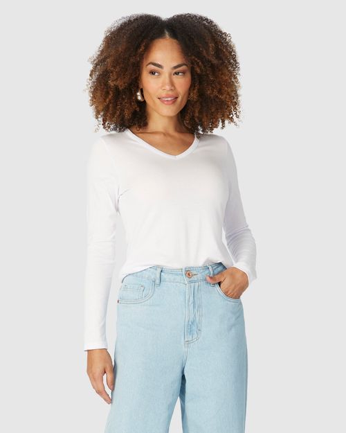 Blusa Básica Feminina Decote V Manga Longa Em Algodão