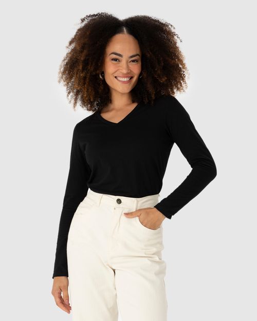 Blusa Básica Feminina Decote V Manga Longa Em Algodão