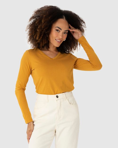 Blusa Básica Feminina Decote V Manga Longa Em Algodão