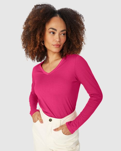 Blusa Básica Feminina Decote V Manga Longa Em Algodão