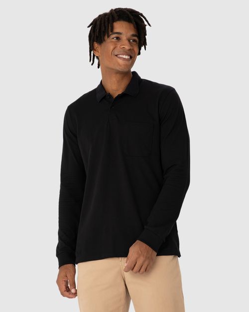Camisa Polo Básica Masculina Manga Longa Em Piquet Stretch