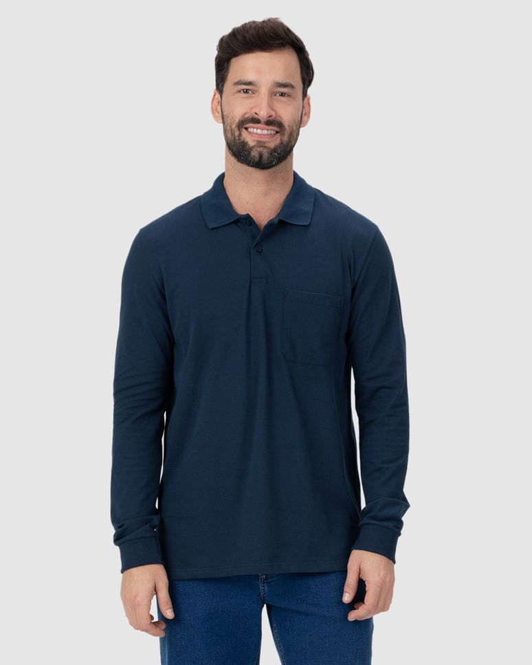 Camisa Polo Básica Masculina Manga Longa Em Piquet Stretch