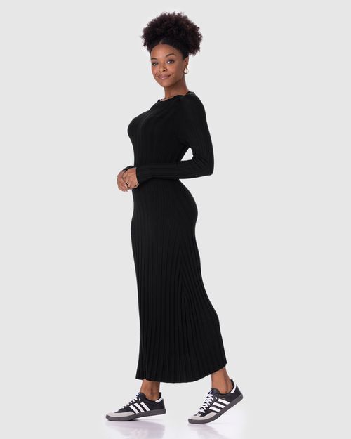 Vestido Midi Feminino Gola Redonda Manga Longa Em Tricô Canelado