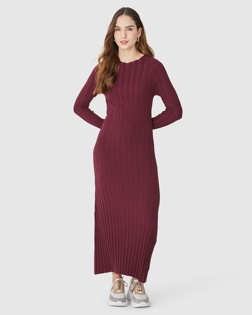 Vestido Midi Feminino Gola Redonda Manga Longa Em Tricô Canelado