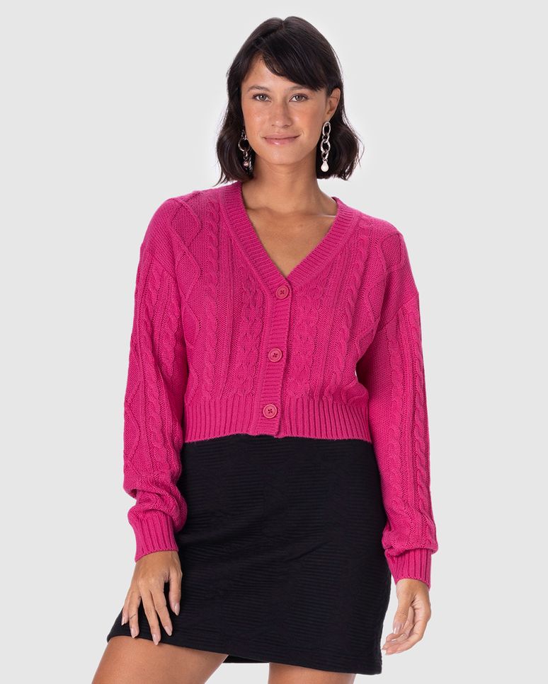 Cardigan Cropped Feminino Trançado Em Tricô