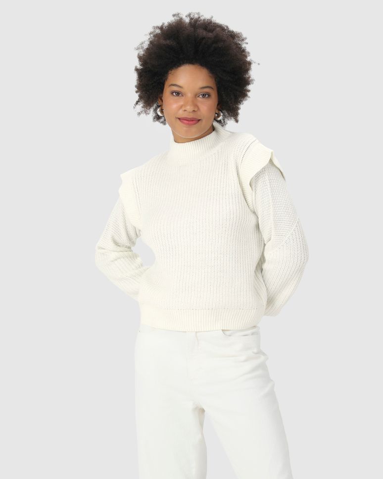 Suéter Feminino Ombro Sobreposto Em Tricô