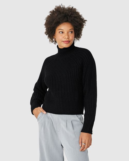 Suéter Cropped Feminino Gola Alta Em Tricô