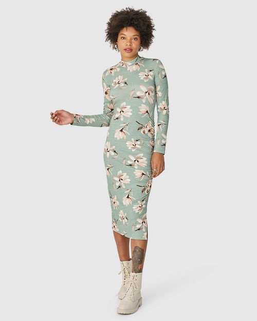 Vestido Midi Feminino Floral Fenda Lateral Em Viscose Stretch