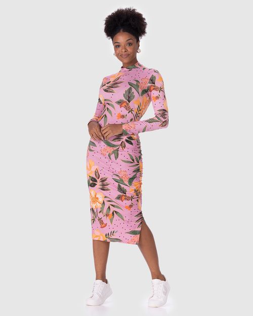 Vestido Midi Feminino Floral Fenda Lateral Em Viscose Stretch