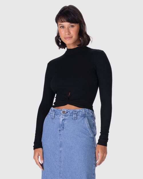 Blusa Long Cropped Feminina Torção Frontal Em Malha Canelada De Viscose