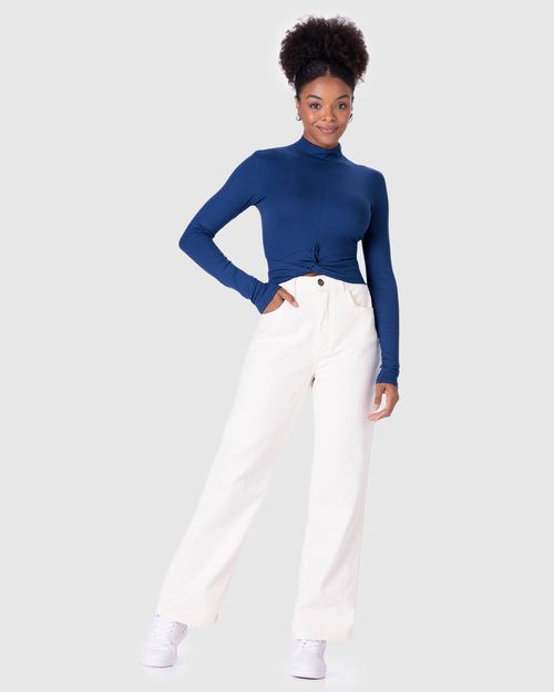 Blusa Long Cropped Feminina Torção Frontal Em Malha Canelada De Viscose