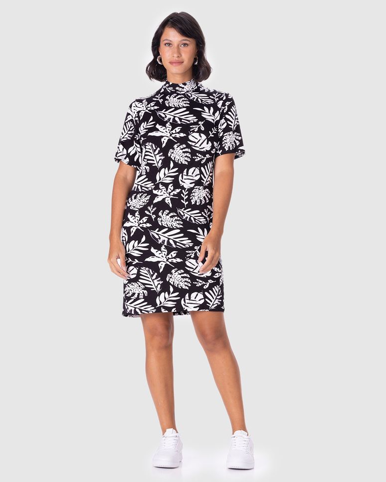 Vestido Feminino Folhagem Gola Alta Manga Curta Em Viscose Stretch
