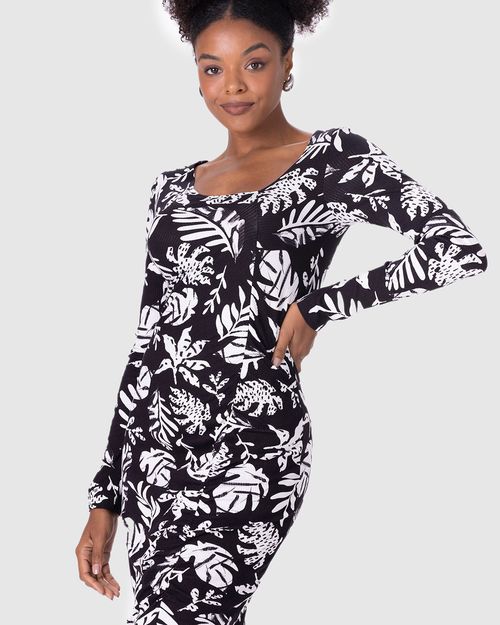 Vestido Midi Feminino Manga Longa Fenda Frontal Em Malha Viscose Canelada